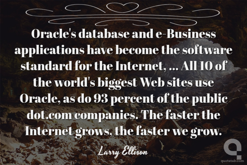 Oracle's database and e-Business applications have become the software standard for the Internet, ... All 10 of the world's biggest Web sites use Oracle, as do 93 percent of the public dot.com companies. The faster the Internet grows, the faster we grow.